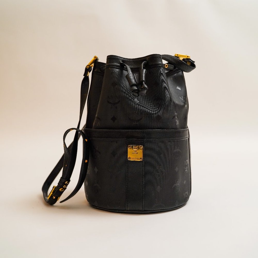 VINTAGE MCM Monogram Black Bucket Bag Drawstring Crossbody Purse - Picture 1 of 15